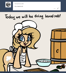 Size: 1280x1420 | Tagged: safe, artist:slavedemorto, oc, oc only, oc:backy, earth pony, pony, apron, ask, barrel, barrel roll, bipedal, bipedal leaning, bowl, chef, clothes, dialogue, food, leaning, literal, literal minded, looking at you, open mouth, pun, rice, smiling, solo, sushi, tumblr