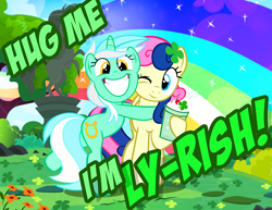 Size: 1200x927 | Tagged: safe, artist:pixelkitties, bon bon, lyra heartstrings, sweetie drops, earth pony, pony, unicorn, adorabon, bad pun, clover, cute, female, food, four leaf clover, hug, irish, irrational exuberance, lesbian, lyrabetes, lyrabon, lyrish, mare, milkshake, pun, saint patrick's day, shipping, smiling