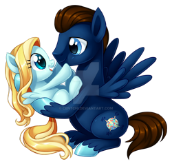 Size: 1024x986 | Tagged: safe, artist:centchi, oc, oc only, pegasus, pony, father and child, father and daughter, female, filly, male, parent and child, watermark