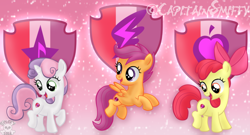 Size: 1024x554 | Tagged: safe, artist:capitainsmiffy, apple bloom, scootaloo, sweetie belle, cutie mark, cutie mark crusaders, open mouth, the cmc's cutie marks