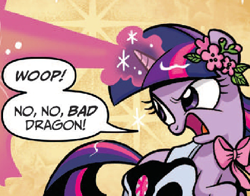 Size: 408x320 | Tagged: safe, artist:brendahickey, idw, twilight sparkle, spoiler:comic, spoiler:comic40, bad dragon, beam, comic, filly, filly twilight sparkle, implied spike, magic, out of context, solo