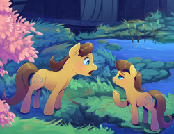 Size: 2200x1700 | Tagged: safe, artist:viwrastupr, caramel, toffee, earth pony, pony, bedroom eyes, blushing, close-up, eye contact, female, lilypad, looking at each other, male, mare, open mouth, pond, raised hoof, smiling, stallion, underhoof