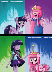 Size: 1181x1633 | Tagged: safe, artist:the-butch-x, twilight sparkle, twilight sparkle (alicorn), alicorn, pony, equestria girls, adventure time, crossover, duo, female, looking at you, mare, ponified, princess bubblegum, raised hoof, role reversal, species swap