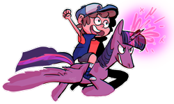 Size: 900x539 | Tagged: safe, artist:stevetwisp, twilight sparkle, twilight sparkle (alicorn), alicorn, awesome, crossover, dipper pines, gravity falls, humans riding ponies, magic, pony falls