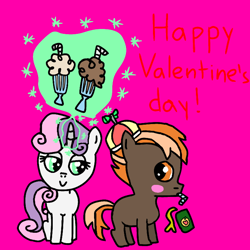 Size: 768x768 | Tagged: safe, artist:pinkiethepowerpuff, button mash, sweetie belle, blushing, female, food, male, milkshake, shipping, simple background, straight, sweetiemash, valentine's day