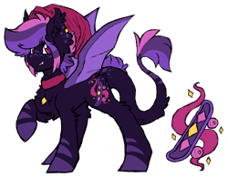 Size: 3280x2560 | Tagged: safe, artist:iroxykun, oc, oc only, oc:varial kickflip, bat pony, hybrid, pony, chest fluff, collar, cutie mark, cutie mark collar, ear fluff, female, freckles, mare, pendant, pet tag, piercing, reference sheet, solo, wings