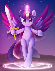 Size: 1275x1650 | Tagged: safe, artist:zelc-face, twilight sparkle, twilight sparkle (alicorn), alicorn, pony, bipedal, colored wings, hoof hold, magic, magic circle, multicolored hair, multicolored wings, solo, stars, sword, twilight (astronomy), weapon