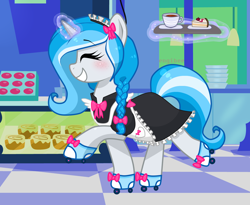 Size: 1460x1200 | Tagged: safe, artist:kaikururu, oc, oc only, oc:bubble lee, oc:imago, pony, unicorn, clothes, cute, female, glowing horn, magic, maid, mare, roller skates, solo, telekinesis