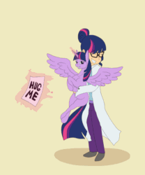 Size: 600x720 | Tagged: safe, artist:szafir87, sci-twi, twilight sparkle, twilight sparkle (alicorn), alicorn, human, equestria girls, animated, cute, duality, hug, hug request, human coloration, human ponidox, humanized, spread wings, square crossover, twiabetes, twolight, wings