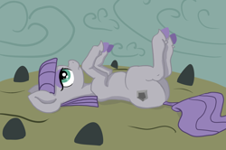 Size: 1966x1306 | Tagged: safe, artist:paskanaakka, derpibooru exclusive, maud pie, pony, colored hooves, looking at something, missing accessory, on back, rock, solo, unshorn fetlocks