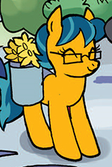 Size: 158x235 | Tagged: safe, idw, oc, earth pony, pony, spoiler:comic, spoiler:comicm05, background pony, bag, basket, couch potato (character), cropped, eyes closed, female, flower, glasses, magnolia, magnolia porter, mare, ponysona, pun, saddle bag, solo focus, visual pun