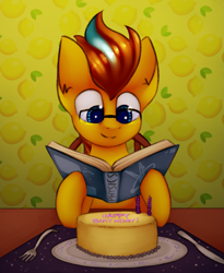 Size: 1661x2026 | Tagged: safe, artist:marsminer, oc, oc only, oc:particle haze, birthday, birthday cake, book, cake, candle, chair, food, fork, glasses, knife, physics, reading, science, silverware, smiling, solo, studying