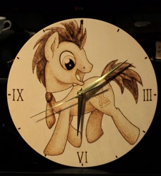 Size: 1280x1403 | Tagged: safe, artist:horseez, doctor whooves, pony, clock, craft, male, pyrography, stallion, woodwork