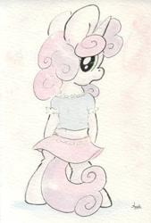 Size: 681x1007 | Tagged: safe, artist:slightlyshade, sweetie belle, clothes, cute, diasweetes, midriff, panties, skirt, solo, traditional art, underwear, yellow underwear