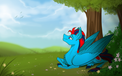 Size: 4002x2519 | Tagged: safe, artist:probablyfakeblonde, oc, oc only, oc:andrew swiftwing, bird, pegasus, pony, cutie mark, field, flower, grass, hill, looking up, male, prone, scenery, sky, smiling, solo, stallion, tree, wings