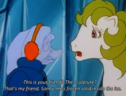 Size: 1009x768 | Tagged: safe, screencap, surprise, duck, baby it's cold outside, g1, my little pony 'n friends, darker and edgier, frozen, nightmare fuel, subtitles, sunny the duck, you know for kids