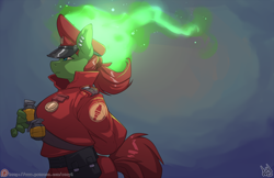 Size: 1200x777 | Tagged: safe, artist:atryl, oc, oc only, oc:kazlee, anthro, anthro oc, clothes, commission, cosplay, costume, ear piercing, fancy dress uniform, female, fire, gentle manne's service medal, green fire, grenade, hat, mare, patreon, patreon logo, piercing, scorching flames, soldier, solo, team captain, team fortress 2, unusual hat