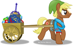 Size: 5052x3215 | Tagged: safe, artist:vector-brony, quarter hearts, earth pony, pony, flutter brutter, absurd resolution, blaze (coat marking), cart, clothes, harness, hat, hylian shield, hyrule warriors, link, master sword, ponified, raised hoof, rupee, scarf, shadow, shield, simple background, solo, sword, the legend of zelda, transparent background, trotting, vector