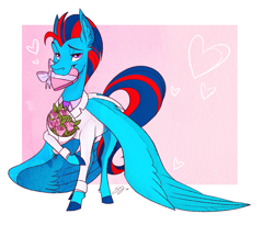 Size: 3651x3000 | Tagged: safe, artist:probablyfakeblonde, oc, oc only, oc:andrew swiftwing, pegasus, pony, chocolate, clothes, flirting, food, grin, heart, looking at you, male, raised eyebrow, rose, smiling, solo, spread wings, suit, wings