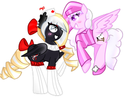 Size: 1024x800 | Tagged: safe, artist:celeslun03, oc, oc only, oc:hazy dimmer, oc:nighthaunt, bat pony, pegasus, pony, clothes, female, hat, nurse, nurse hat, simple background, smiling, socks, stockings, transparent background, zzz