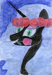 Size: 2296x3257 | Tagged: safe, artist:irfp250n, nightmare moon, bust, flower, flower in hair, flower in mouth, mouth hold, rose, solo, traditional art