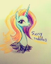 Size: 1128x1418 | Tagged: safe, artist:bunmaru, sassy saddles, bust, solo, traditional art