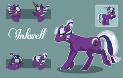 Size: 3537x2235 | Tagged: safe, artist:vindhov, oc, oc only, oc:inkwell, earth pony, pony, fake horn, male, offspring, parent:flash sentry, parent:twilight sparkle, parents:flashlight, simple background, solo, stallion, teal background