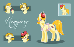 Size: 3537x2235 | Tagged: safe, artist:vindhov, oc, oc only, oc:honeycrisp, earth pony, pony, apple, apron, blushing, clothes, female, food, hat, mare, offspring, parent:big macintosh, parent:cheerilee, parents:cheerimac, simple background, solo, teal background