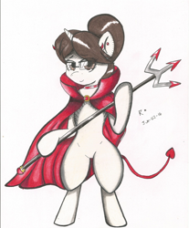 Size: 1700x2055 | Tagged: safe, artist:lmlstaticdash, raven, cape, clothes, collar, devil horns, devil tail, glasses, looking at you, piercing, solo, traditional art, trident