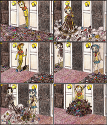 Size: 1270x1489 | Tagged: safe, artist:meiyeezhu, coco pommel, oc, oc:tropical sunrise, human, anime, annoyed, apartment, bottle, boxes, broom, cans, cleaning, clothes, comic, commission, door, doors, dust, exclamation point, funny, hilarious, humanized, lamp, littering, manehattan, messy, miniskirt, neckerchief, neighbor, neighborhood, newsies, nuisance, old master q, paper, parody, passive aggressive, payback, pile, plastic, pleated skirt, question mark, reference, revenge, shocked, skirt, smelly, surprised, sweeping, traditional art, trash, upset, vest