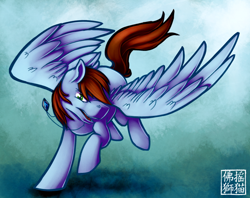 Size: 1024x813 | Tagged: safe, artist:rattlesire, oc, oc only, oc:sorren, pegasus, pony, action pose, green eyes, looking at you, necklace, wings