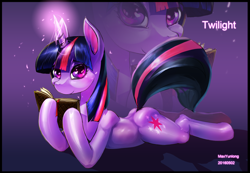 Size: 2854x1977 | Tagged: safe, artist:maxyunlong, twilight sparkle, pony, unicorn, book, cute, female, flank, hips, hoof hold, looking at you, mare, plot, smiling, solo, twiabetes