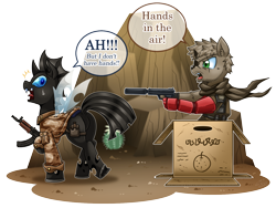 Size: 1500x1125 | Tagged: safe, artist:vavacung, oc, oc only, changeling, diamond dog, big boss, cactus, cardboard box, changeling oc, clothes, dialogue, eyepatch, fangs, featureless crotch, gun, lampshade hanging, looking back, metal gear, metal gear solid, metal gear solid 5, patreon reward, plot, speech bubble, surprised, venom snake, weapon