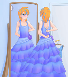 Size: 2663x3000 | Tagged: safe, artist:jonfawkes, oc, oc only, oc:cold front, human, blushing, bow, bra, clock, clothes, crossdressing, door, doorknob, dress, dressing, embarrassed, femboy, frilly dress, humanized, humanized oc, it's a trap, male, mirror, sash, solo, trap, underwear, white underwear, winter wrap up vest, zipper