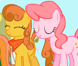 Size: 700x596 | Tagged: safe, screencap, pink lady, earth pony, pony, friendship is magic, season 1, apple family member, background pony, cropped, duo, duo focus, eyes closed, female, ginger gold, mare, neckerchief, smiling, unnamed pony