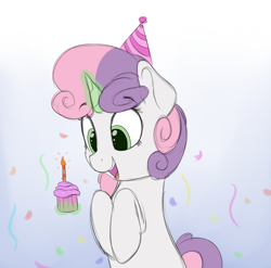 Size: 1824x1800 | Tagged: safe, artist:vanillaghosties, sweetie belle, pony, confetti, cupcake, cute, food, glowing horn, hat, magic, party hat, simple background, smiling, solo