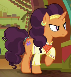 Size: 610x667 | Tagged: safe, screencap, saffron masala, pony, unicorn, spice up your life, angry, female, mare, raised hoof, solo