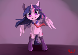 Size: 1300x920 | Tagged: safe, artist:miokomata, twilight sparkle, twilight sparkle (alicorn), alicorn, pony, semi-anthro, bipedal, both cutie marks, clothes, cute, female, mare, necktie, socks, solo, spread wings, twiabetes