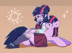 Size: 1024x752 | Tagged: safe, artist:twintailaquarius, artist:xp_r6, sci-twi, twilight sparkle, twilight sparkle (alicorn), alicorn, pony, equestria girls, friendship games, barrette, chromatic aberration, clothes, crystal prep academy uniform, cute, duality, duo, female, glasses, gradient background, hair bun, hairclip, hairpin, horn, human ponidox, looking at you, mare, miniskirt, necktie, pixiv, pleated skirt, pose, prone, school uniform, self ponidox, shirt, shoes, side view, sitting, skirt, smiling, socks, sparkles, twolight, uniform, vest