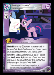 Size: 358x500 | Tagged: safe, night light, twilight sparkle, ccg, enterplay, filly, marks in time, merchandise, quote