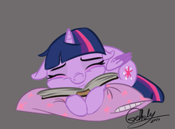 Size: 523x386 | Tagged: safe, artist:rutkotka, twilight sparkle, twilight sparkle (alicorn), alicorn, pony, book, cute, female, floppy ears, mare, pillow, sleeping, solo, that pony sure does love books, twiabetes