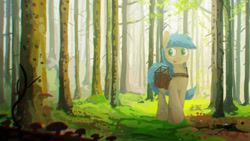 Size: 2600x1463 | Tagged: safe, artist:fuzzyfox11, oc, oc only, forest, mushroom, saddle bag, solo