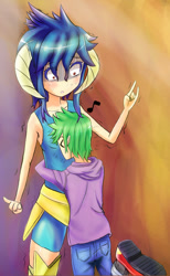 Size: 738x1200 | Tagged: safe, artist:jumboz95, princess ember, spike, human, gauntlet of fire, :o, abstract background, bad touch, blushing, breasts, clothes, delicious flat chest, devil horn (gesture), embarrassed, emberspike, female, horned humanization, hug, humanized, it's called a hug, male, molestation, music notes, no armor, open mouth, pants, rock on, scene interpretation, shipping, shoes, shrunken pupils, straight, sweat, sweating profusely, tanktop, tsundember, tsundere