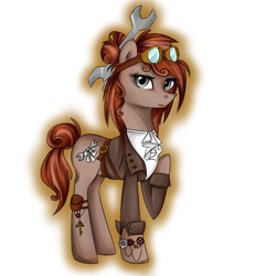 Size: 1000x1000 | Tagged: safe, artist:yuntaoxd, oc, oc only, bag, belt, blouse, bow, bracelet, clothes, coat, gears, goggles, hair bun, jewelry, key, simple background, solo, steampunk, transparent background, wrench