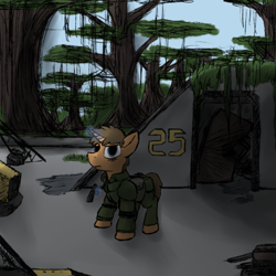 Size: 500x500 | Tagged: safe, artist:thebathwaterhero, oc, oc only, oc:permittivity, pony, unicorn, fallout equestria, fallout equestria: transient, combat armor, emo, gun, handgun, jungle, male, pistol, sad, saddle bag, solo, stable, stallion, weapon