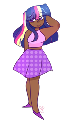 Size: 1024x1792 | Tagged: safe, artist:cubbybatdoodles, twilight sparkle, human, clothes, cute, dark skin, humanized, rainbow ponies, raised arm, shoes, simple background, skirt, solo, transparent background