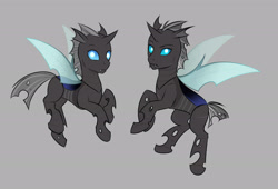 Size: 3000x2041 | Tagged: safe, artist:askbubblelee, oc, oc only, oc:imago, oc:vespa, changeling, changeling oc, duo, fangs, female, gray background, looking at you, simple background