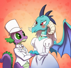 Size: 1024x976 | Tagged: safe, artist:fluffygriffonbutt, princess ember, spike, dragon, blushing, bride, clothes, dress, emberspike, female, heart, heart eyes, holding hands, looking at each other, male, marriage, shipping, smiling, spread wings, straight, wavy mouth, wedding, wedding dress, wedding veil, wingding eyes
