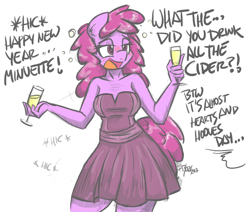 Size: 1000x847 | Tagged: safe, artist:flutterthrash, berry punch, berryshine, anthro, earth pony, clothes, dialogue, dress, drink, drunk, go home you're drunk, solo