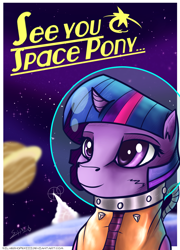 Size: 924x1280 | Tagged: safe, artist:silverhopexiii, twilight sparkle, astronaut, cowboy bebop, see you space cowboy, solo, space, space helmet, spacesuit, text, the final frontier